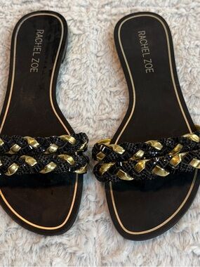 Rachel Zoe Black and Gold Braided Slide Sandals